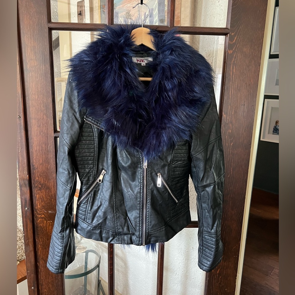 Faux leather jacket with removable faux fur